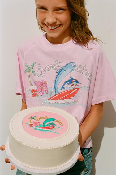 CAMISETA MANGA RANGLÁN ESTAMPADA - Rosa de Zara