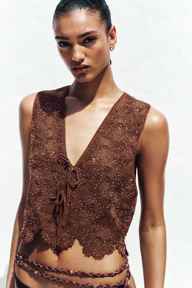 CROCHET WAISTCOAT TOP - Light brown by Zara