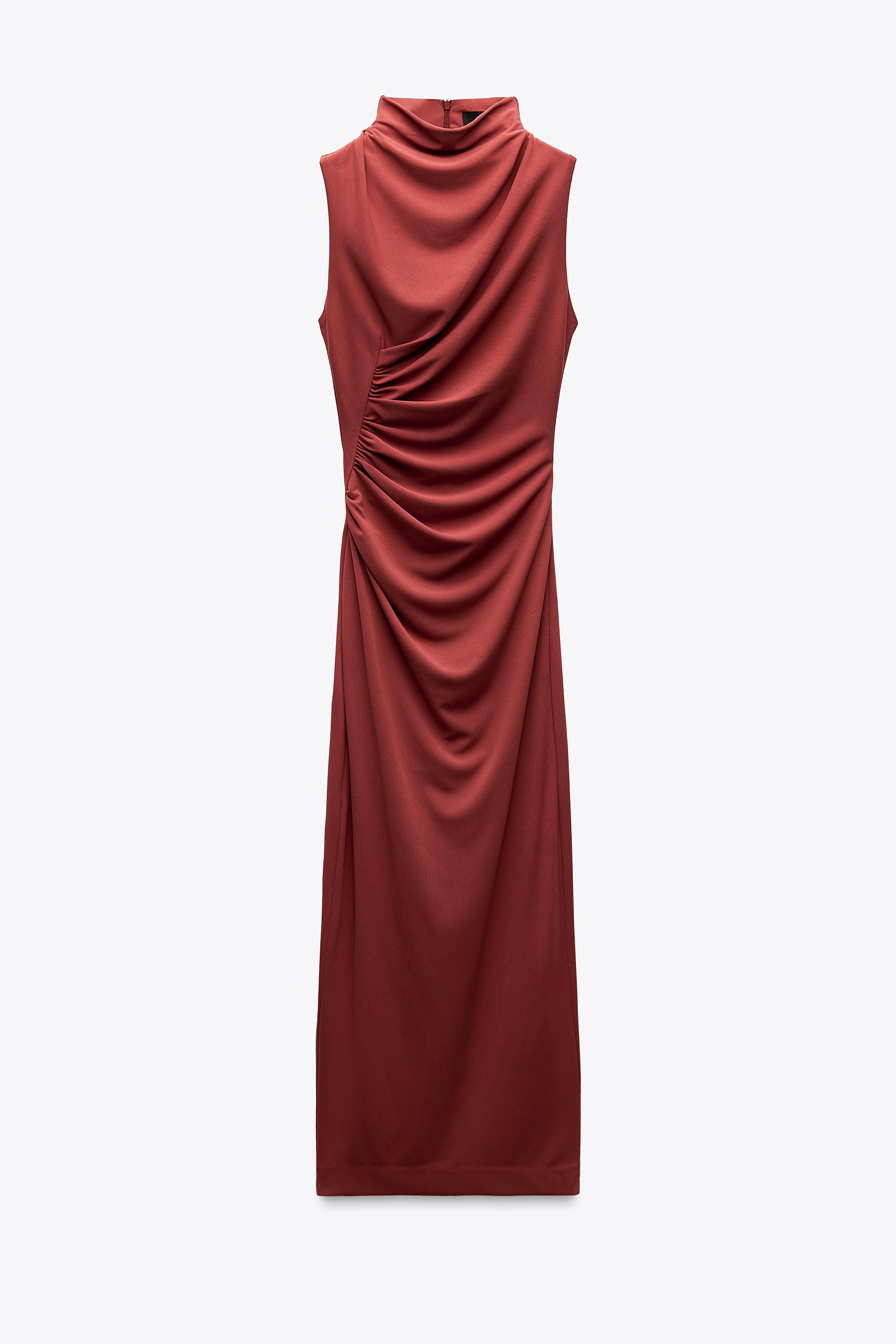 ドレープディテール入りミディ丈ワンピース - テラコッタ | ZARA