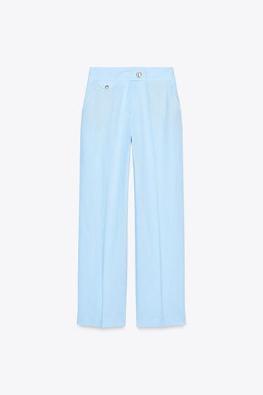CALÇAS RETAS COM LINHO - Azul-claro da Zara