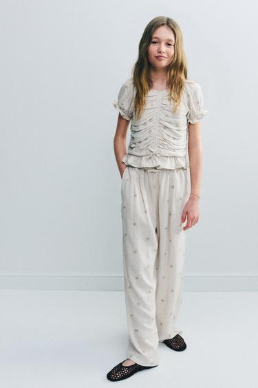 Zara EMBROIDERED FLORAL WIDE LEG LINEN PANTS - Sand
