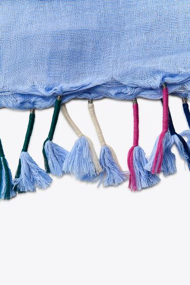 STRIPED LINEN BLEND SCARF WITH POM-POMS - Blue by Zara - Image 4