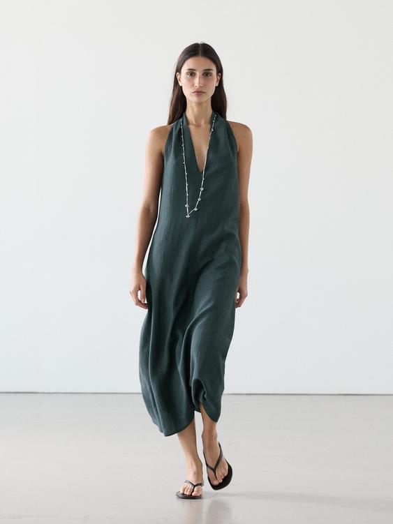 Linen blend midi dress with V-neckline from Zara - $180