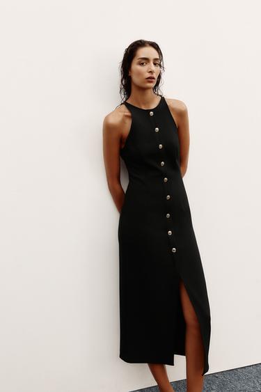 ПЛАТЬЕ-МИДИ ИЗ КРЕПА С ЗОЛОТИСТЫМИ ПУГОВИЦАМИ — ЧЕРНЫЙ от Zara