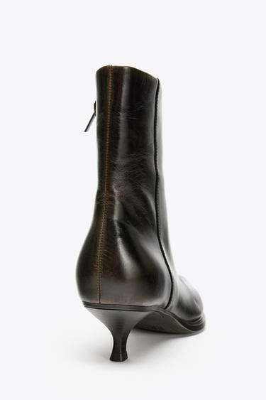 LEATHER KITTEN HEEL ANKLE BOOTS - Brown by Zara - Image 4