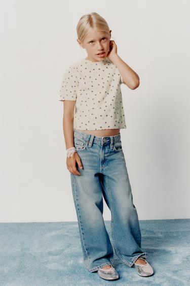 Zara FLORAL KNIT T-SHIRT - Ecru / Blue