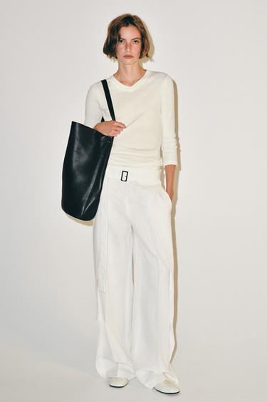 PANTALON À PLIS ET CEINTURE ZW COLLECTION - Écru de Zara - Image 0