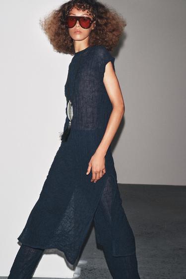 Zara WRINKLE-LOOK FINE KNIT PANTS - Navy blue
