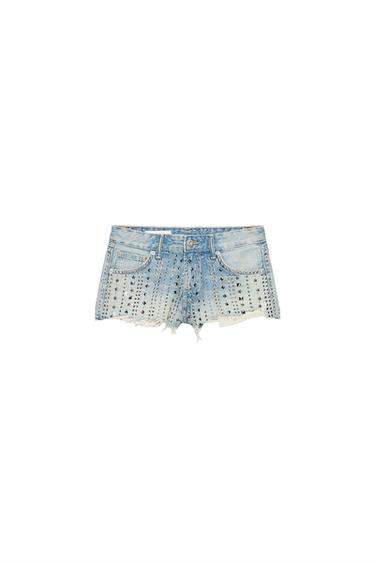 TRF MID-WAIST RIPPED STUDDED DENIM SHORTS - Light blue by Zara