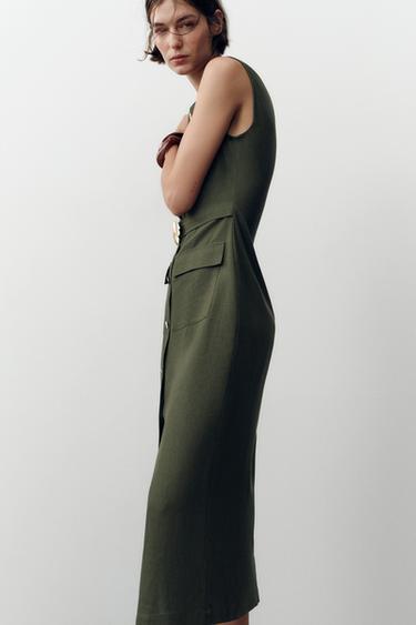 LINEN BLEND MIDI DRESS WITH BELT - Dark khaki by Zara - Image 2