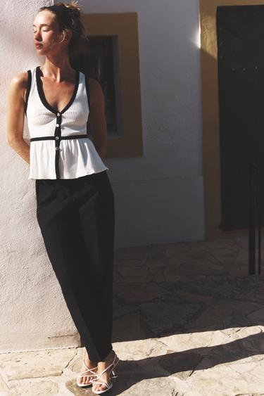 Zara RIBBED BUTTON TOP - Black / White