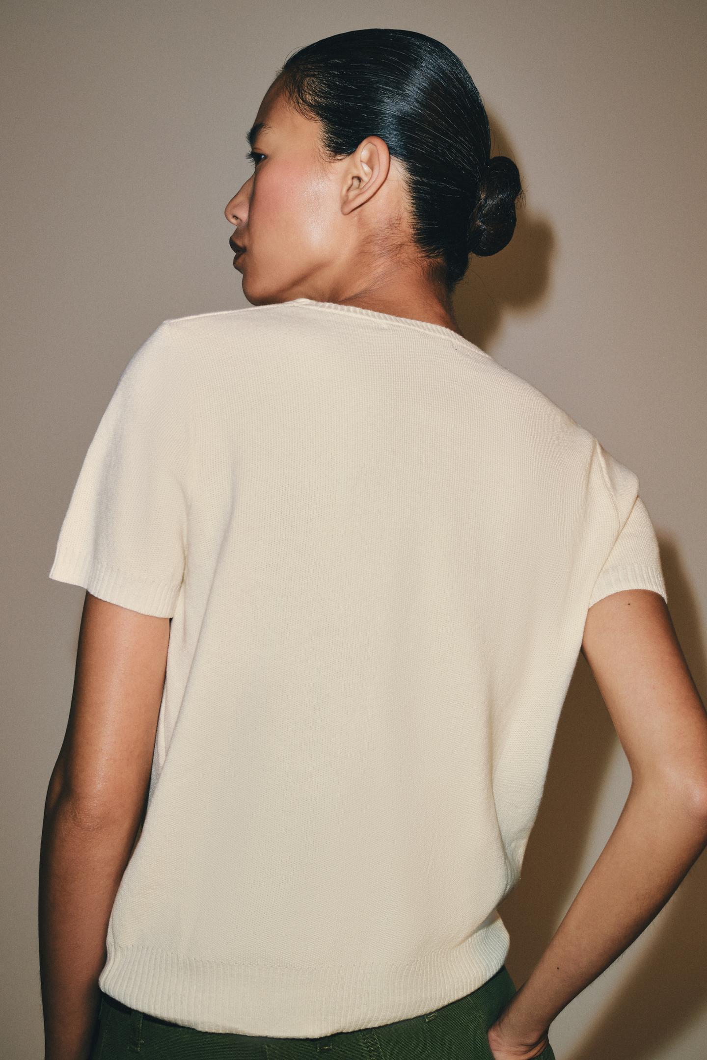 Женский топ Zara Short-Sleeve Knit Top, цвет: Экрю — фото 3