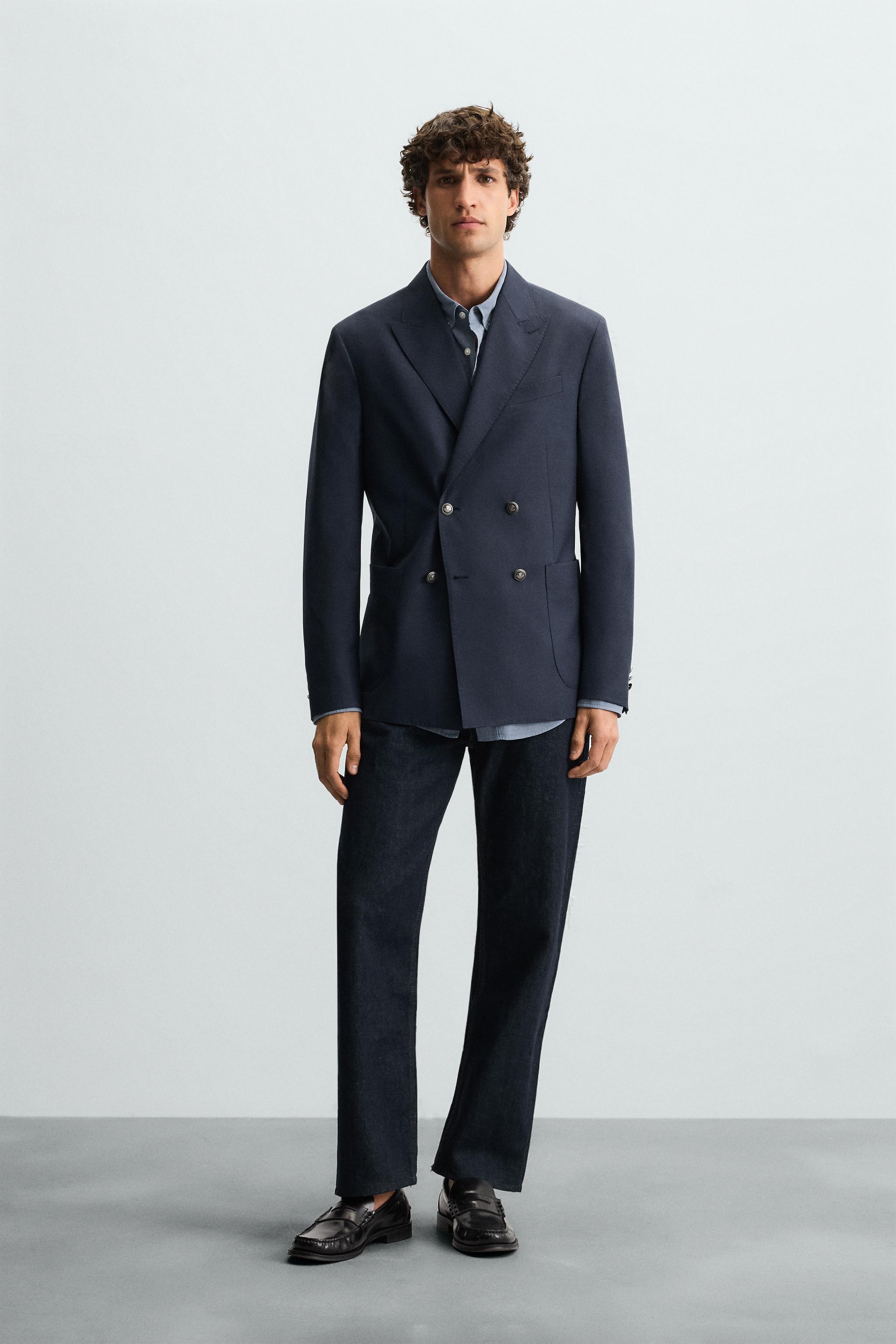 ZARA ダークブルー ダブルブレスト仕様ウール混コート　MANTECO ダブルブレスト仕様ウールブレザー - ネイビーブルー | ZARA