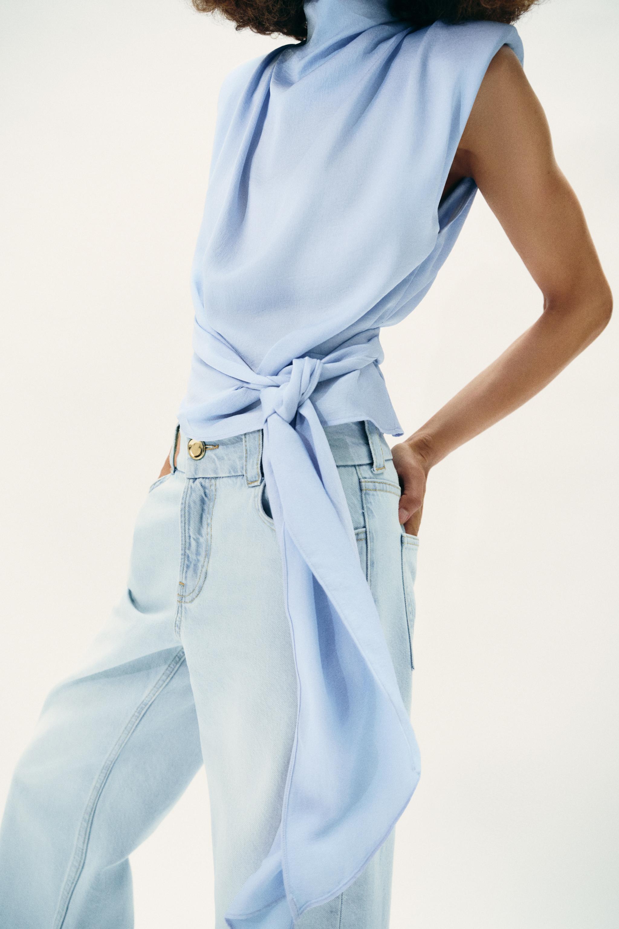 SATIN EFFECT SHOULDER PAD TIE TOP