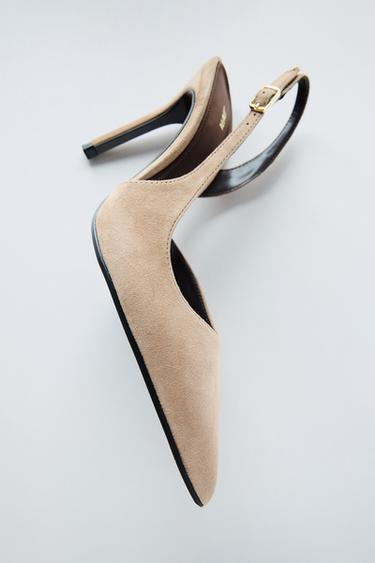 Zara ASYMMETRIC SUEDE SLINGBACK HEELS - Beige