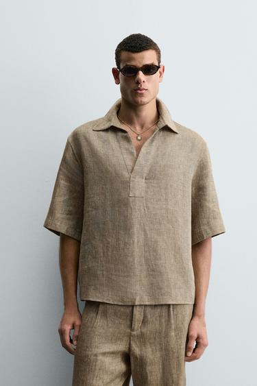 CAMISA POLO 100% LINHO - Bege-claro da Zara