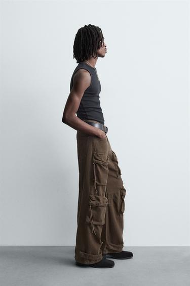 PANTALON CARGO EN DENIM À POCHES - Marron de Zara - Image 3