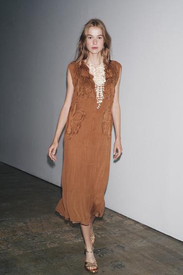 ZW COLLECTION GATHERED EMBROIDERED DRESS - Toffee by Zara