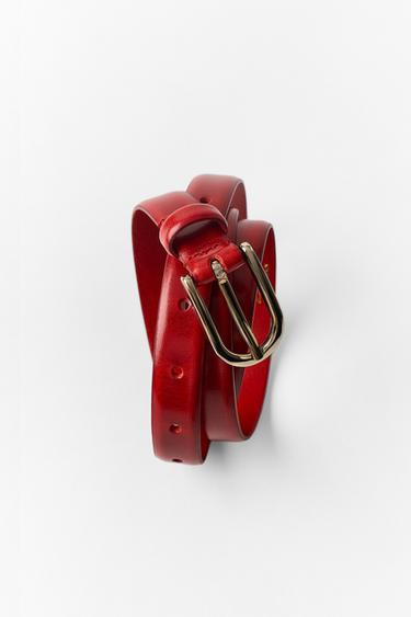 Zara 100% LEATHER GEOMETRIC BUCKLE BELT - Red