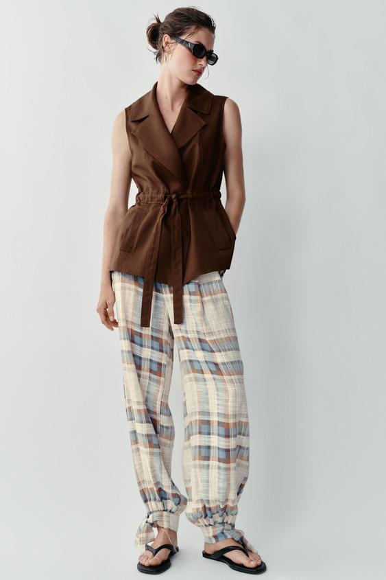 Zara LINEN BELTED VEST - Brown - Image 0