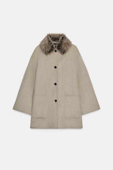 Zara 羊毛大衣,人造皮草領 ZW COLLECTION - 焦糖色