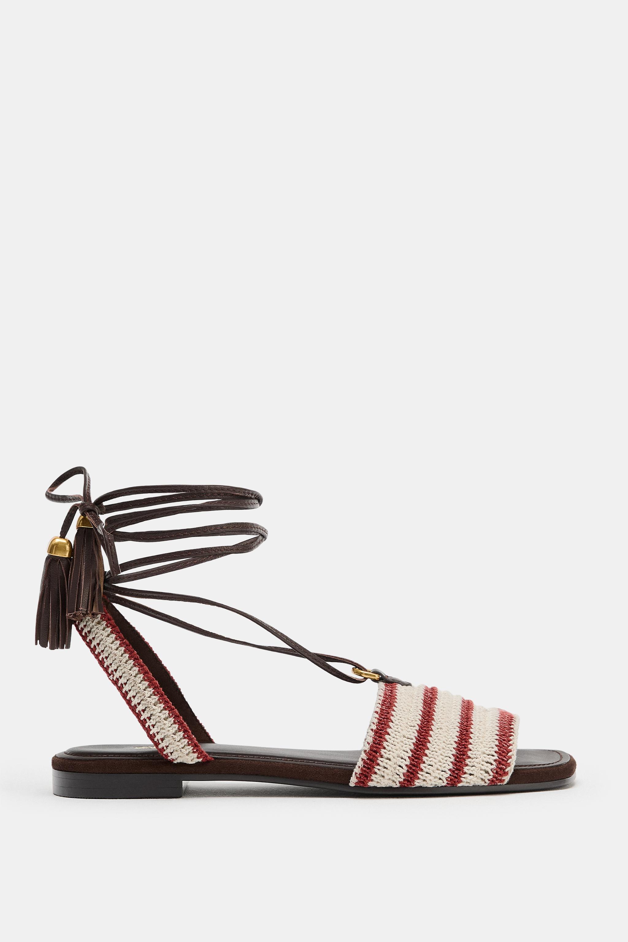 STRIPED FABRIC LACE-UP SANDALS — Multicoloured