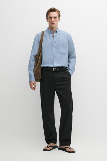 Zara Flowing regular fit lyocell-linen shirt - Blue - Image 0