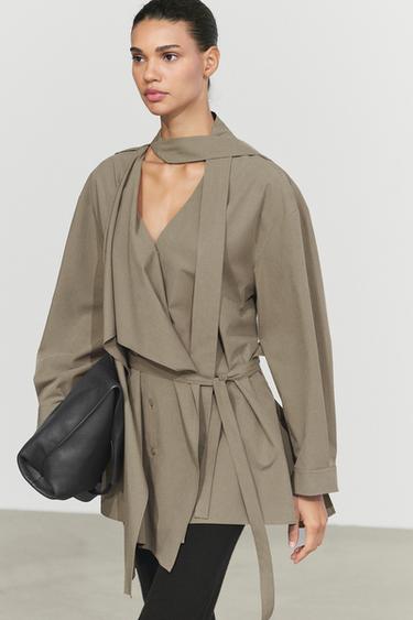 Long flowing cotton-blend blouse with belt — Dark salmon 2