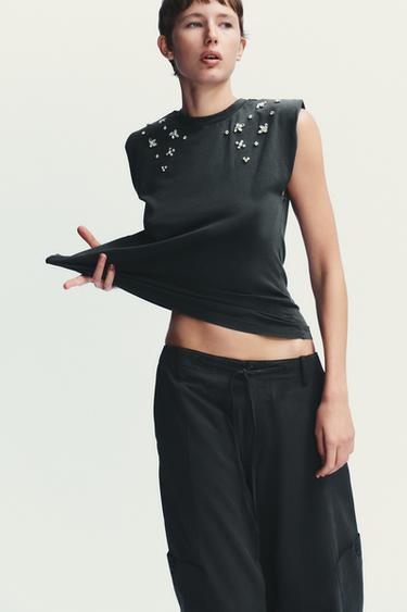 Zara 褪色效果墊肩珠寶 T 恤 - 煤灰色