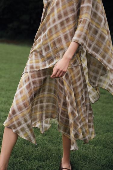 Zara 格紋中長裙 - 卡其色