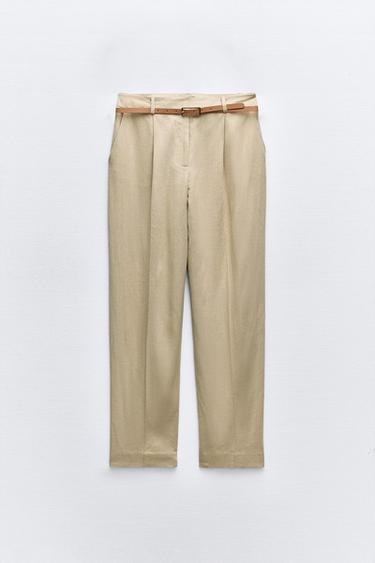 LINEN STRAIGHT-LEG TROUSERS WITH BELT - camel by Zara