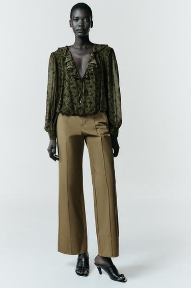 Zara PIN TUCK STRAIGHT LEG PANTS - Khaki