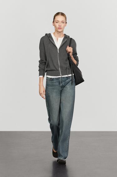 Cardigan en maille à capuche en coton - Gris de Zara