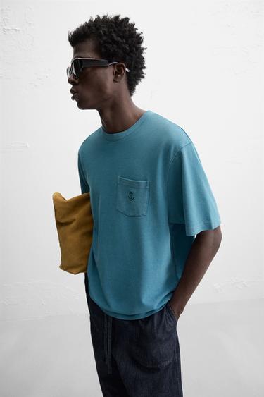 T-SHIRT PIQUÉ BRODÉ - Bleu délavé de Zara - Image 4