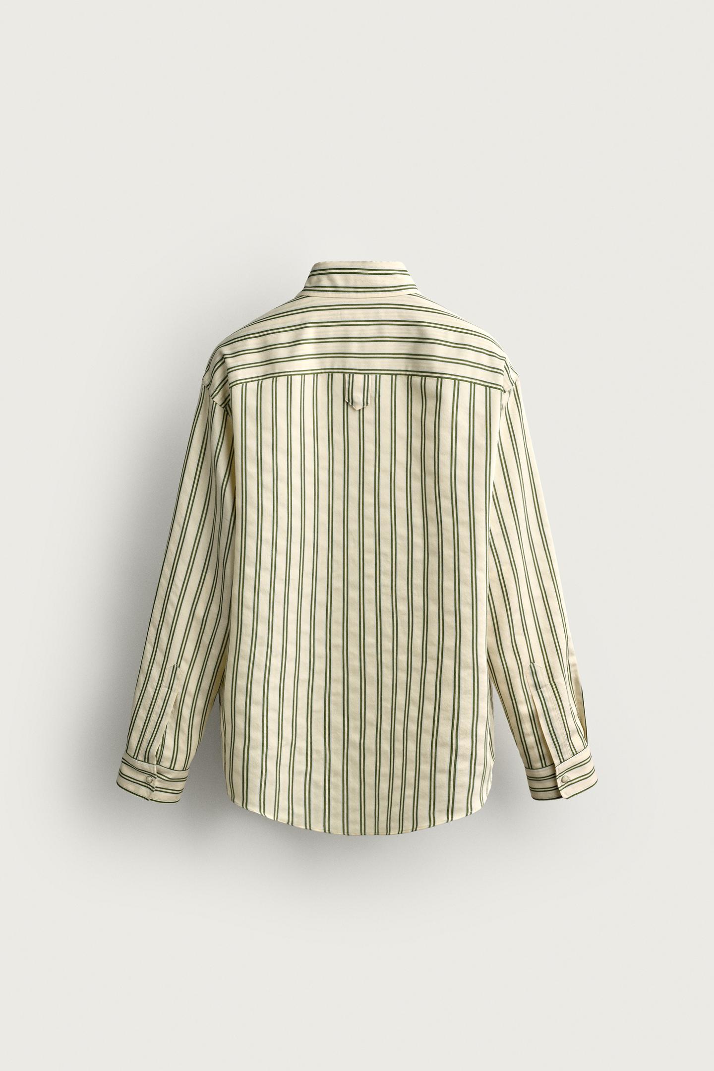 Мужская рубашка Zara Fluid Striped, цвет: Экрю / Зелёный — фото 8
