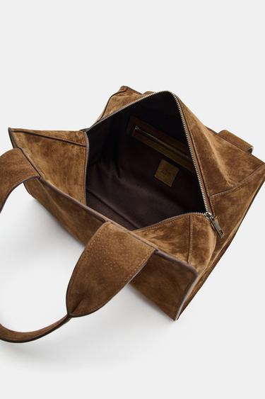 LEATHER SPLIT SUEDE DOUBLE HANDLE BAG - Cognac Brown by Zara - Image 6