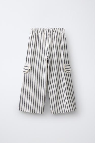 Zara STRIPED WIDE LEG CARGO PANTS - Black