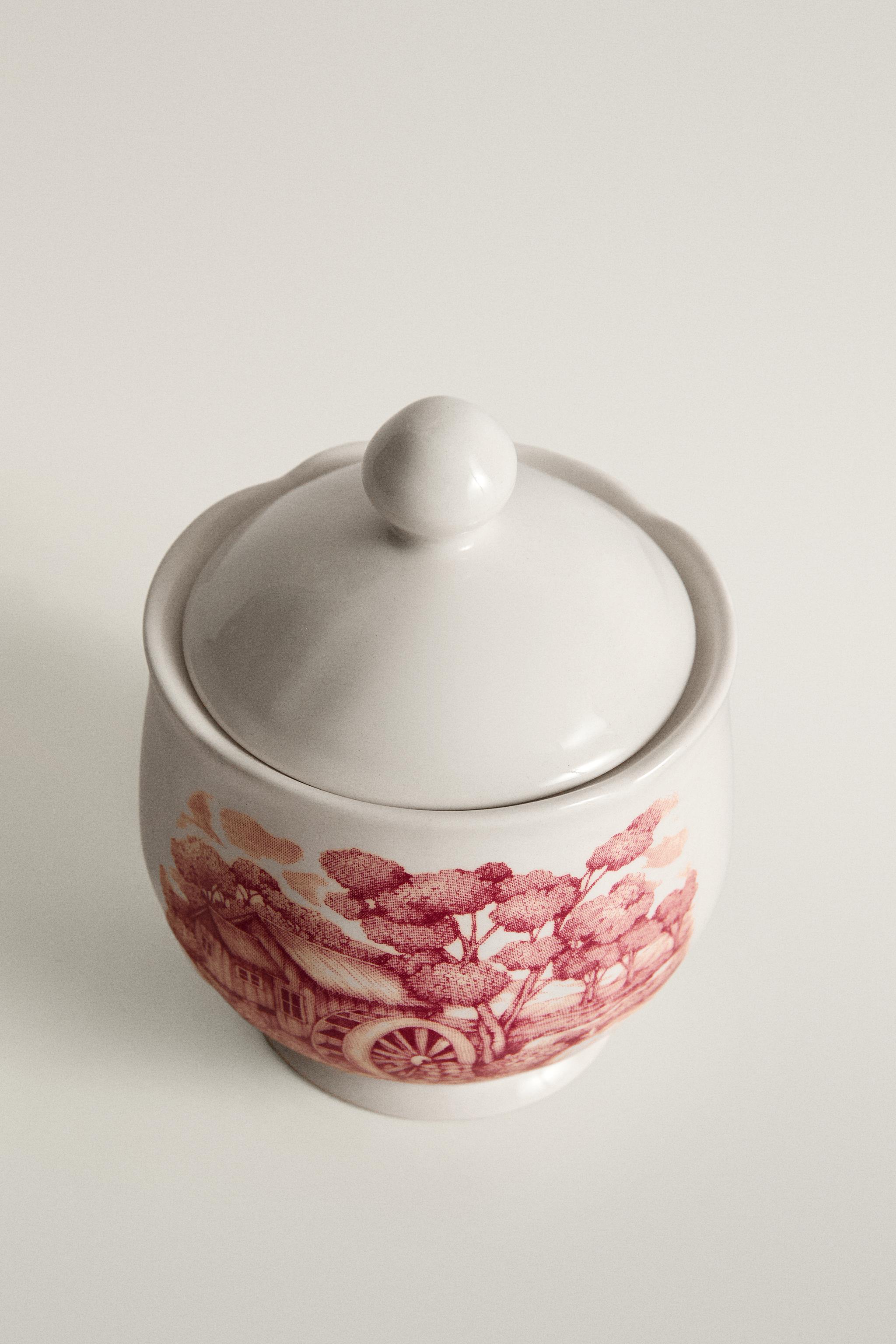 EARTHENWARE SUGAR BOWL WITH FLORAL LANDSCAPE