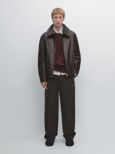 Zara Nappa leather jacket with sheepskin collar - Dark brown - Image 0
