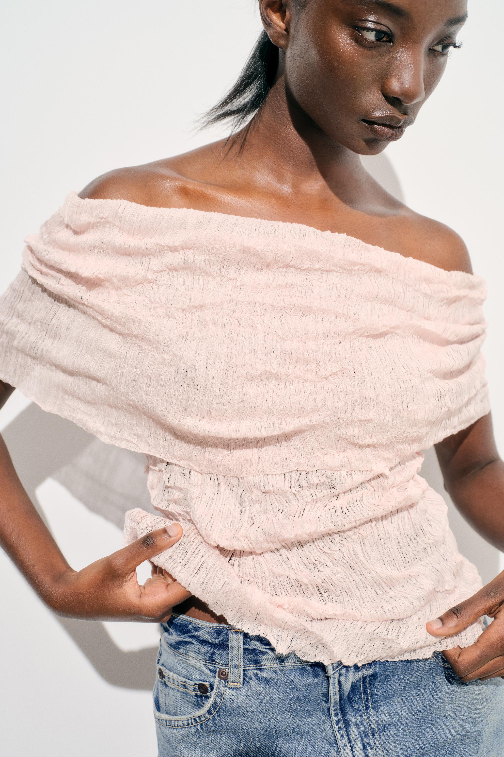 WRINKLE EFFECT OFF THE SHOULDER KNIT TOP Pale pink ZARA United