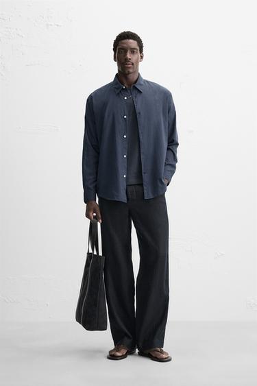 100% LINEN STRAIGHT-LEG TROUSERS - Dark navy by Zara - Image 0