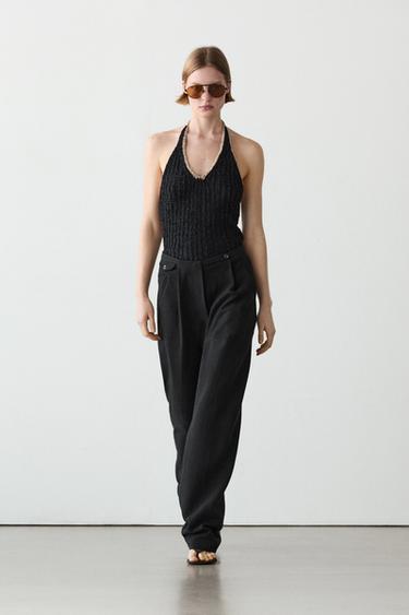 Zara Flowing linen blend trousers with pocket details - Black - Image 0