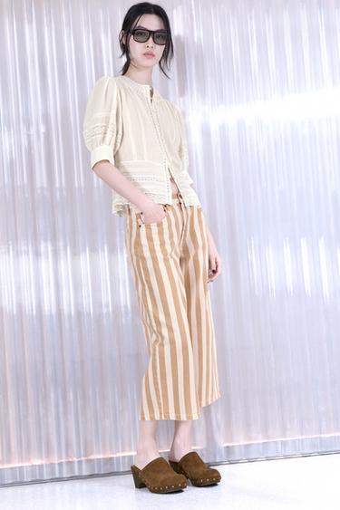 Zara ZW COLLECTION 中腰條紋寬管七分牛仔褲 - 中裸色