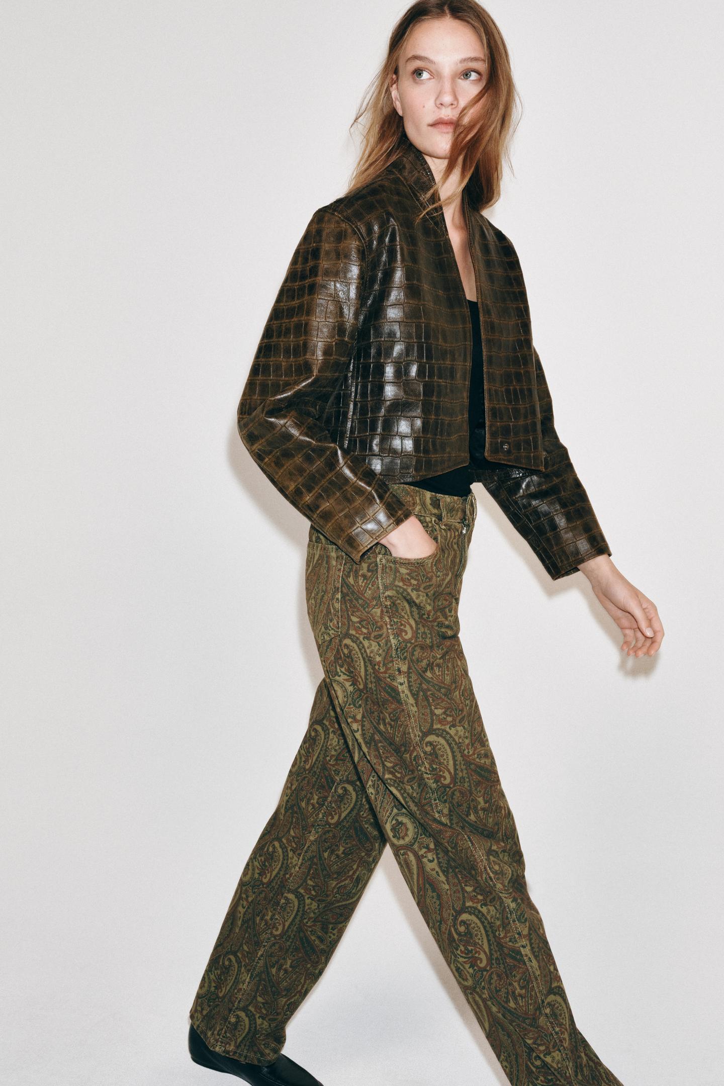 Женская куртка Zara ZW Collection 100% Leather Distressed Cropped Jacket, цвет: Коричневый — фото 7