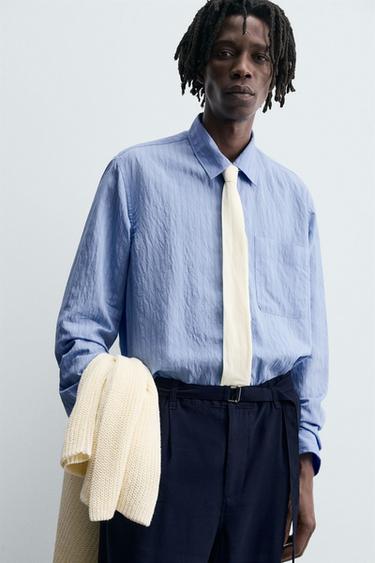 CREASED-EFFECT STRIPED FLOWING SHIRT - Blue by Zara - Image 4