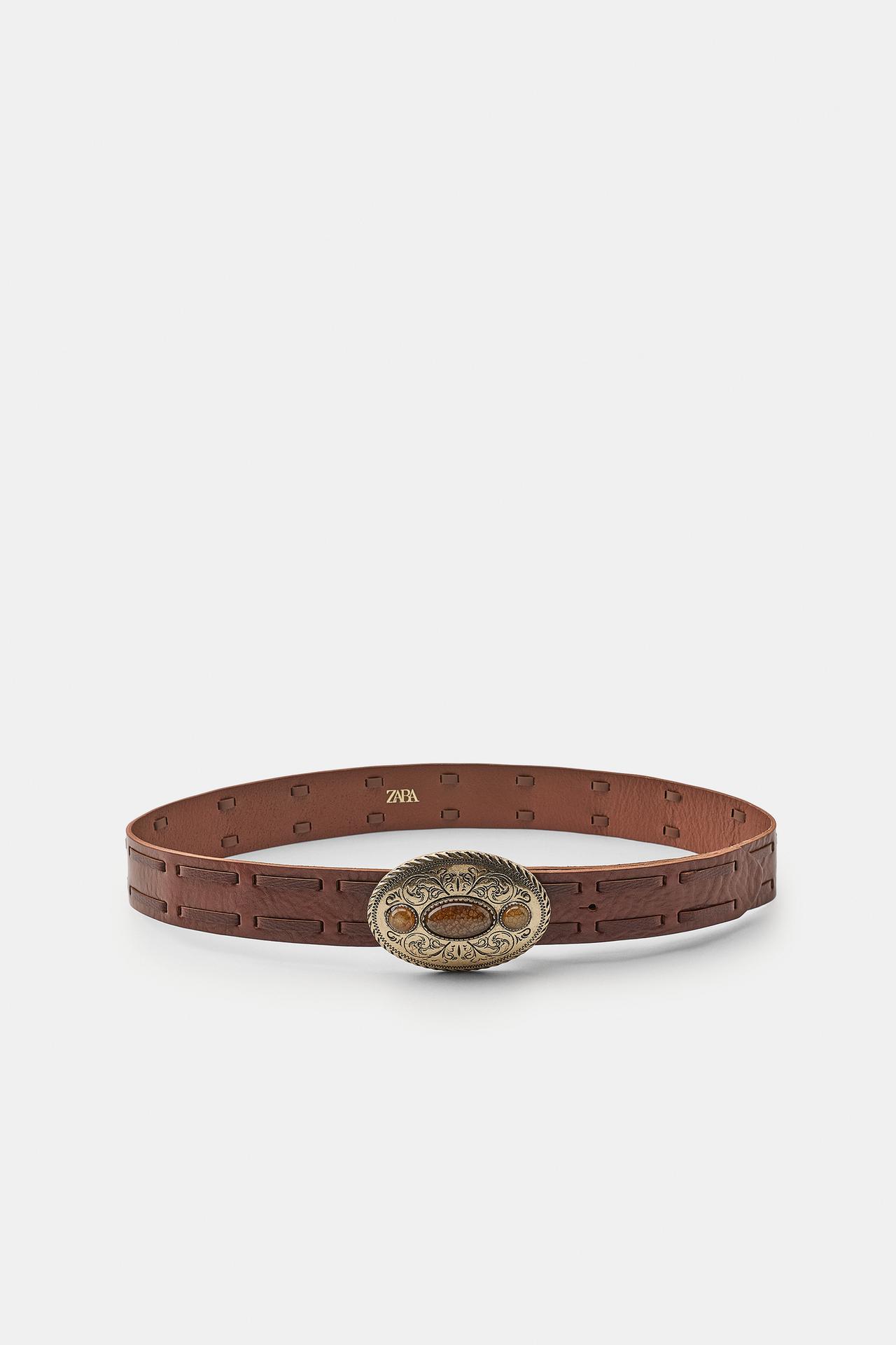 100% LEATHER BELT WITH STONE BUCKLE — Brown