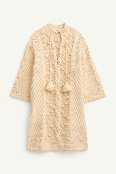 Zara LIMITED EDITION LACE-UP KNIT PONCHO - Ecru