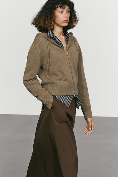 Wool blend hooded knit cardigan — Greenish 2