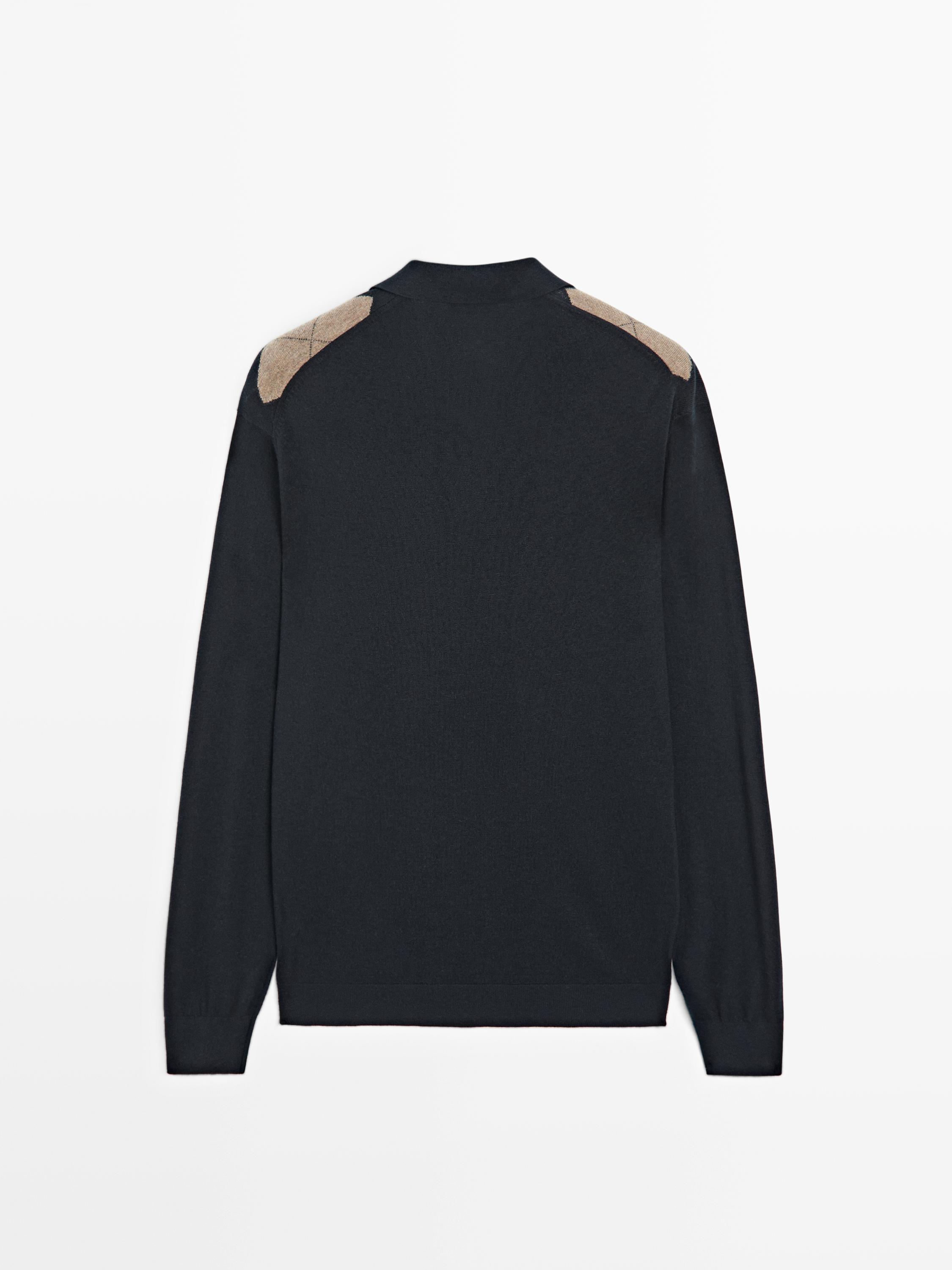 Wool blend argyle knit polo sweater
