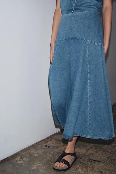 Zara ZW COLLECTION DENIM MIDI SKIRT - Mid-blue